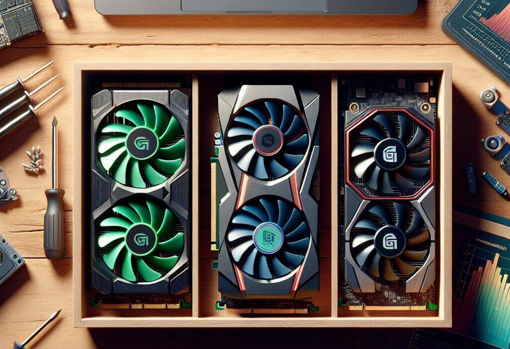Flat lay of Nvidia, AMD, and Intel graphics cards with tools and a laptop displaying benchmarks, representing top GPUs for PC in 2023.