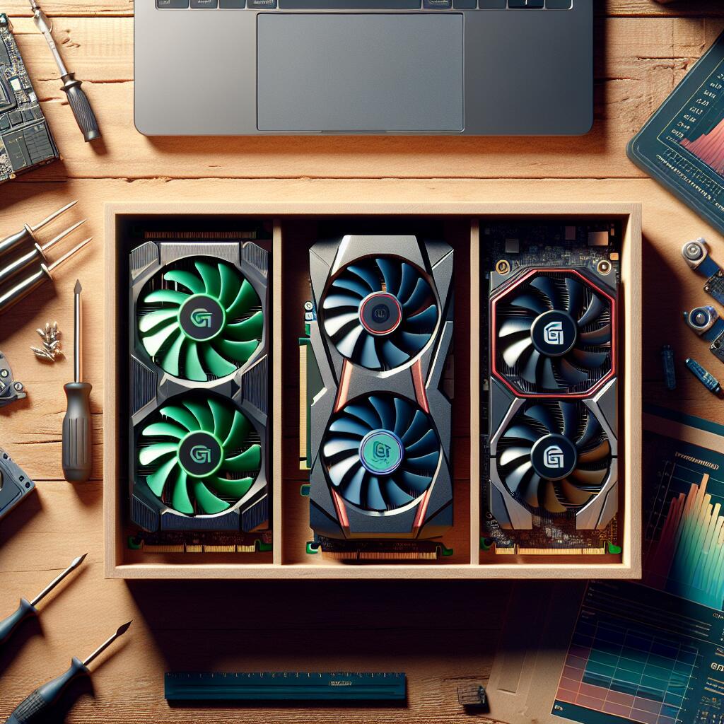 Flat lay of Nvidia, AMD, and Intel graphics cards with tools and a laptop displaying benchmarks, representing top GPUs for PC in 2023.