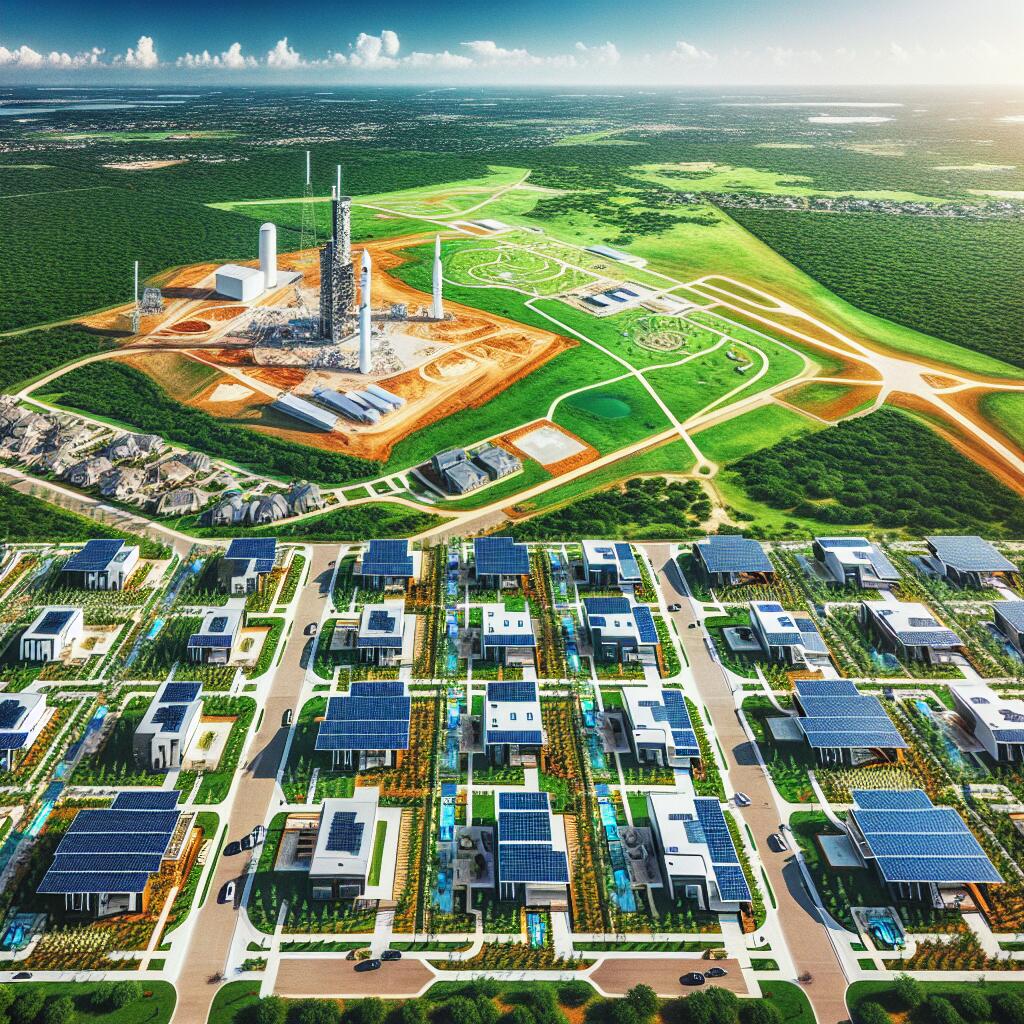 Aerial view of SpaceX's new aerospace community in Texas, featuring modern homes and a launch pad in the background.