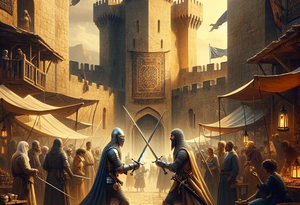 Medieval castle duel between knights with a bustling marketplace and $1M revenue banners