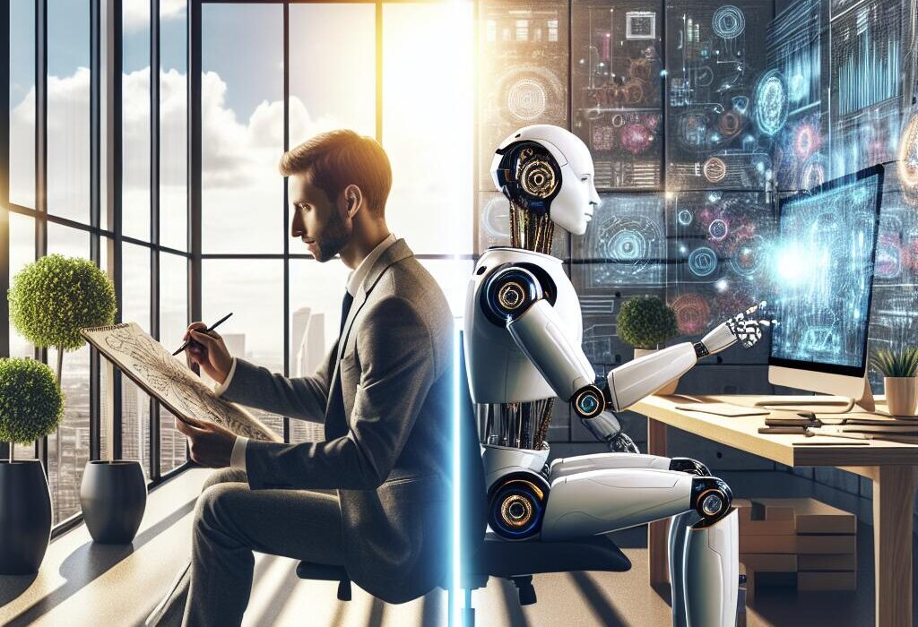 A human and robot collaborating in a modern office, symbolizing the impact of AI on human roles and purpose.