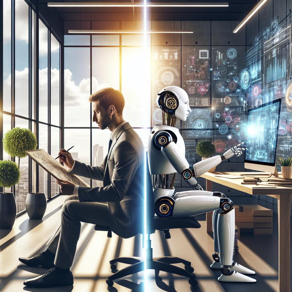 A human and robot collaborating in a modern office, symbolizing the impact of AI on human roles and purpose.