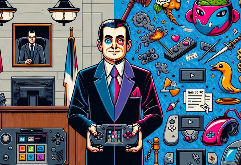 Visual representation of Nintendo's lawsuit over Switch 2 mockups, showing a real Nintendo Switch alongside an exaggerated mockup with court elements.