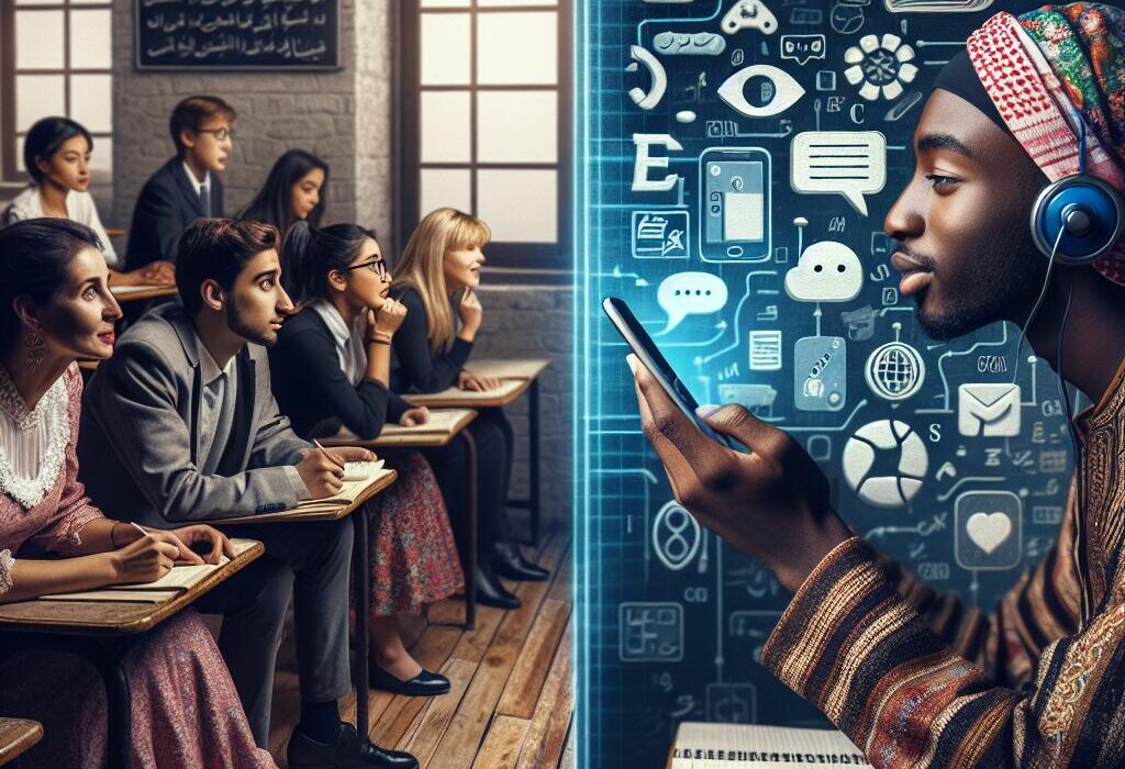 A comparison of traditional language teaching and modern app-based learning, illustrating the impact of Duolingo on language education.