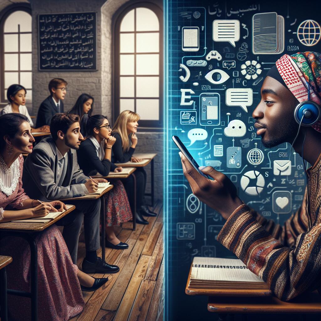 A comparison of traditional language teaching and modern app-based learning, illustrating the impact of Duolingo on language education.