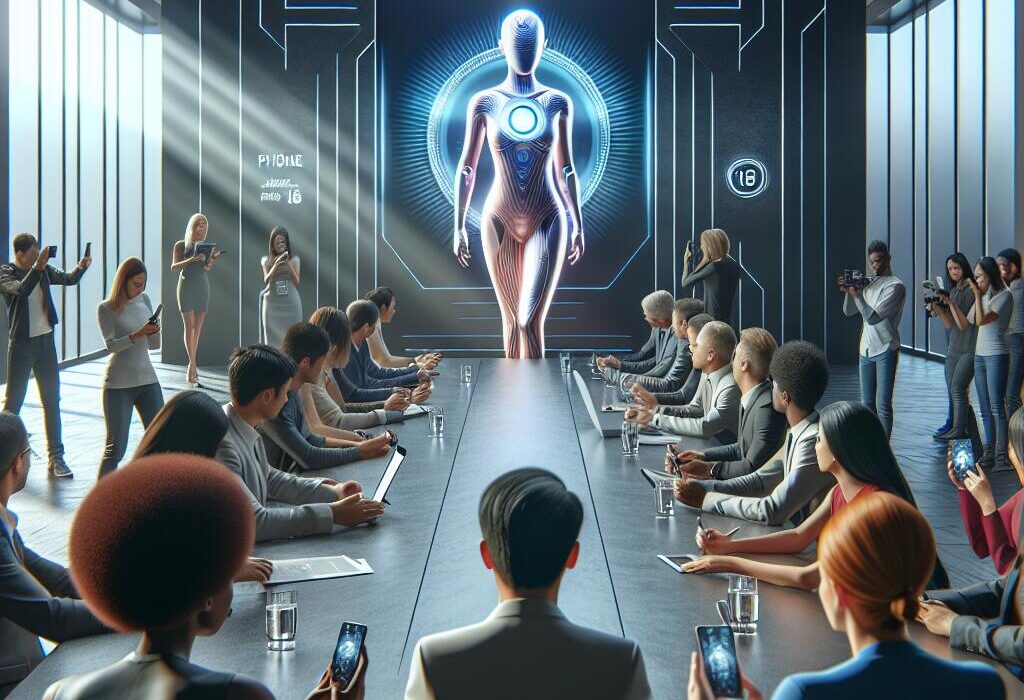 Apple CEO presenting the iPhone 18 in a modern conference room filled with tech enthusiasts and journalists during the 2026 launch event.
