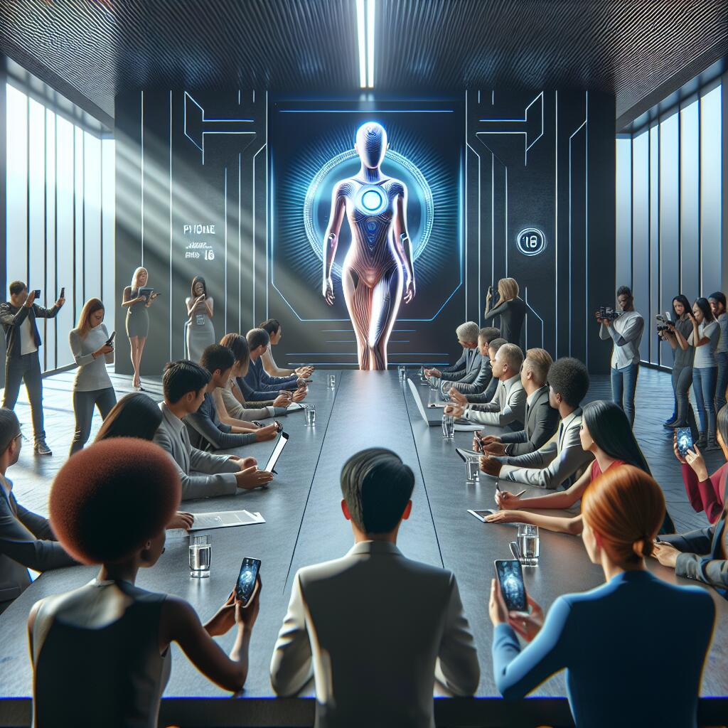 Apple CEO presenting the iPhone 18 in a modern conference room filled with tech enthusiasts and journalists during the 2026 launch event.
