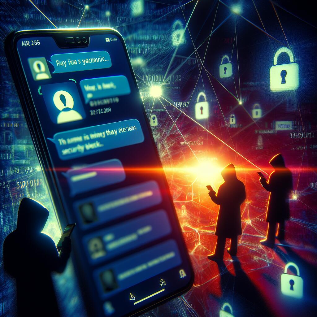 Smartphone with TeleMessage app showcasing security risks, shadowy figures representing hackers in the background.