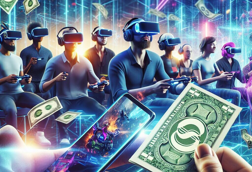 Futuristic gaming scene with players using digital wallets and holographic Game Dollar bills, showcasing the future of gaming payments.