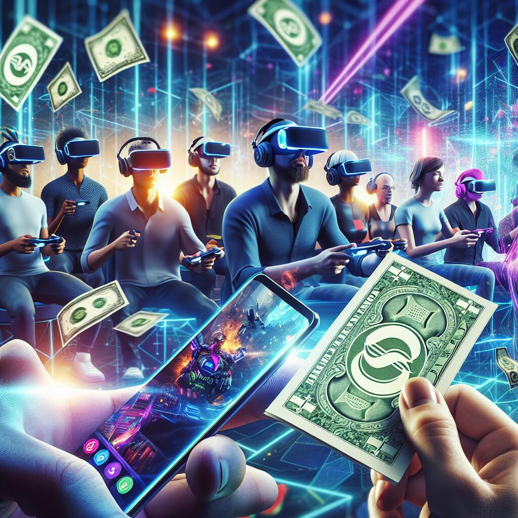 Futuristic gaming scene with players using digital wallets and holographic Game Dollar bills, showcasing the future of gaming payments.