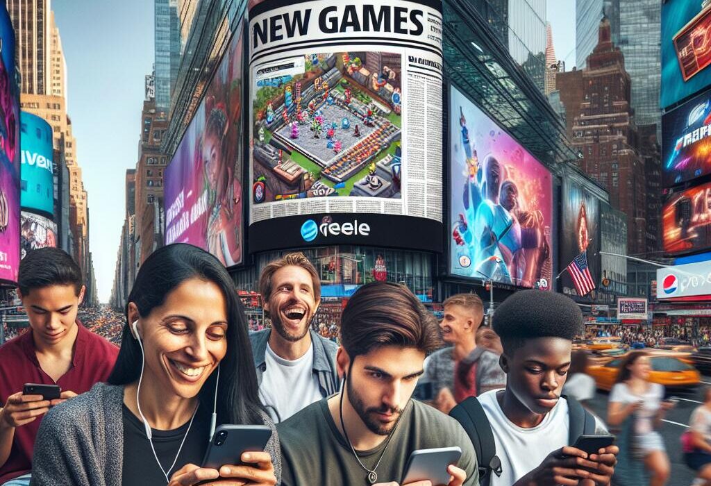 Busy New York City street with people playing mobile games, digital billboard showing New York Times Games leaderboard.