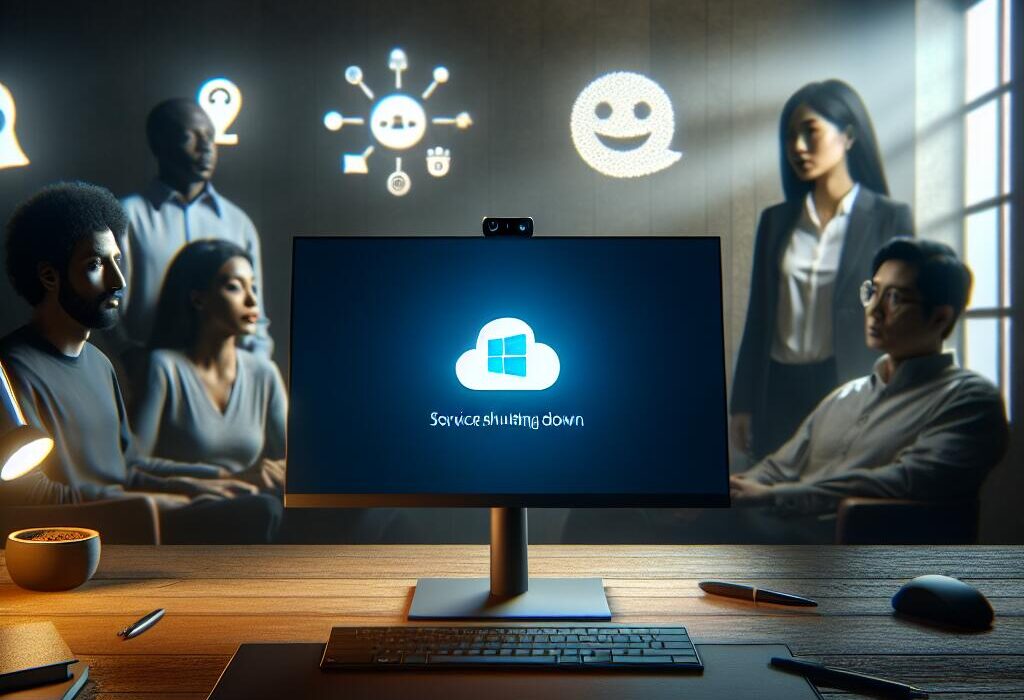 An empty desk with Skype shutting down message while people use alternative video calling apps.