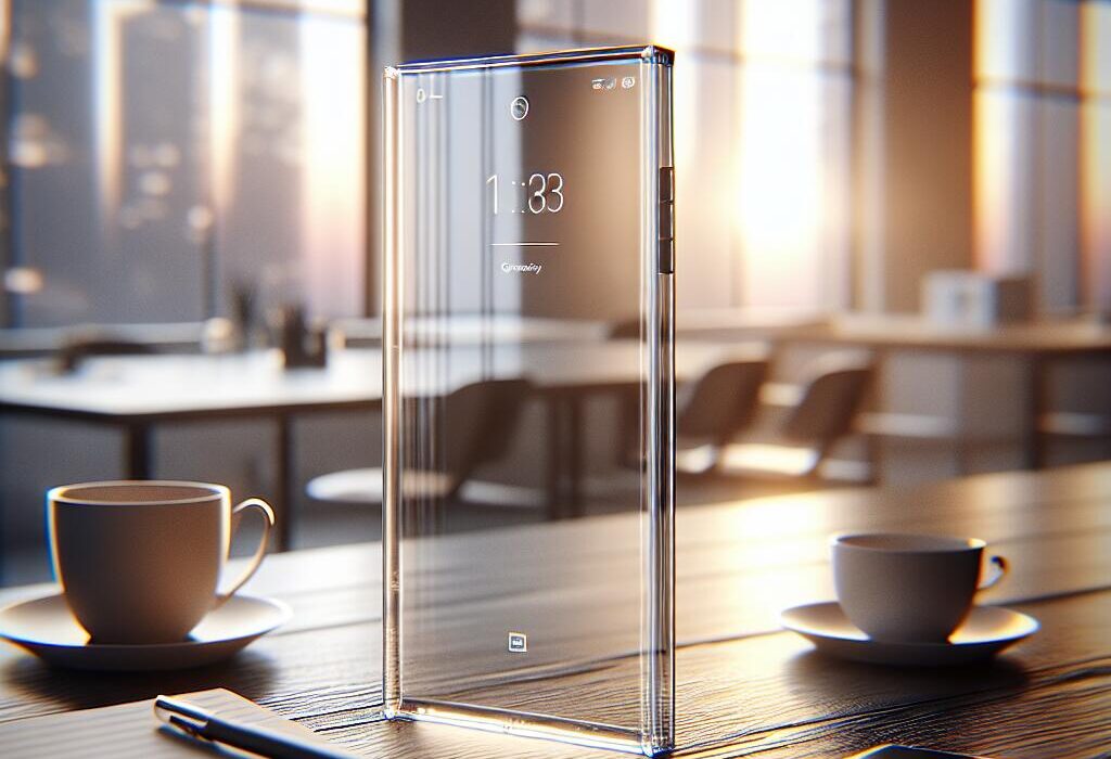 Futuristic iPhone Air concept on a minimalist desk with a city view, representing innovation and modern design.