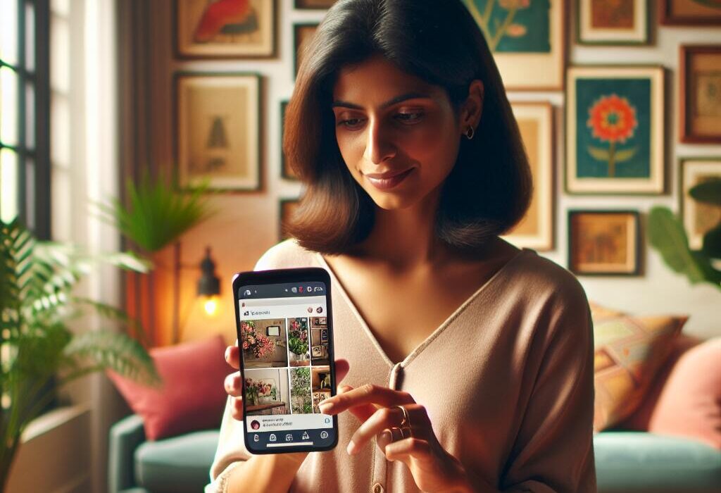 User exploring Pinterest's AI visual search feature in a stylish living room