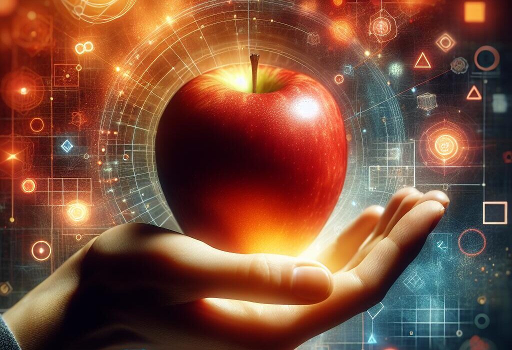 Close-up of a hand holding a red apple with app icons blurred in the background, symbolizing Apple's control over the App Store.