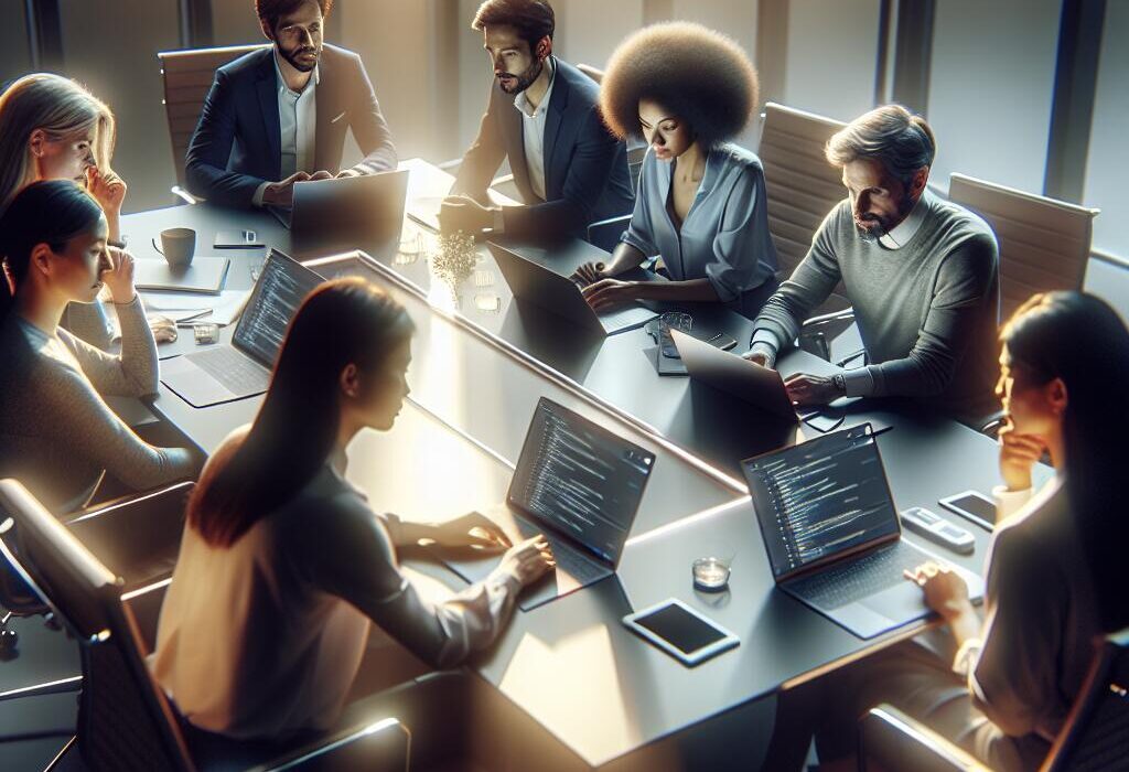 A diverse group of professionals discussing ChatGPT features at a conference table, showcasing effective communication.