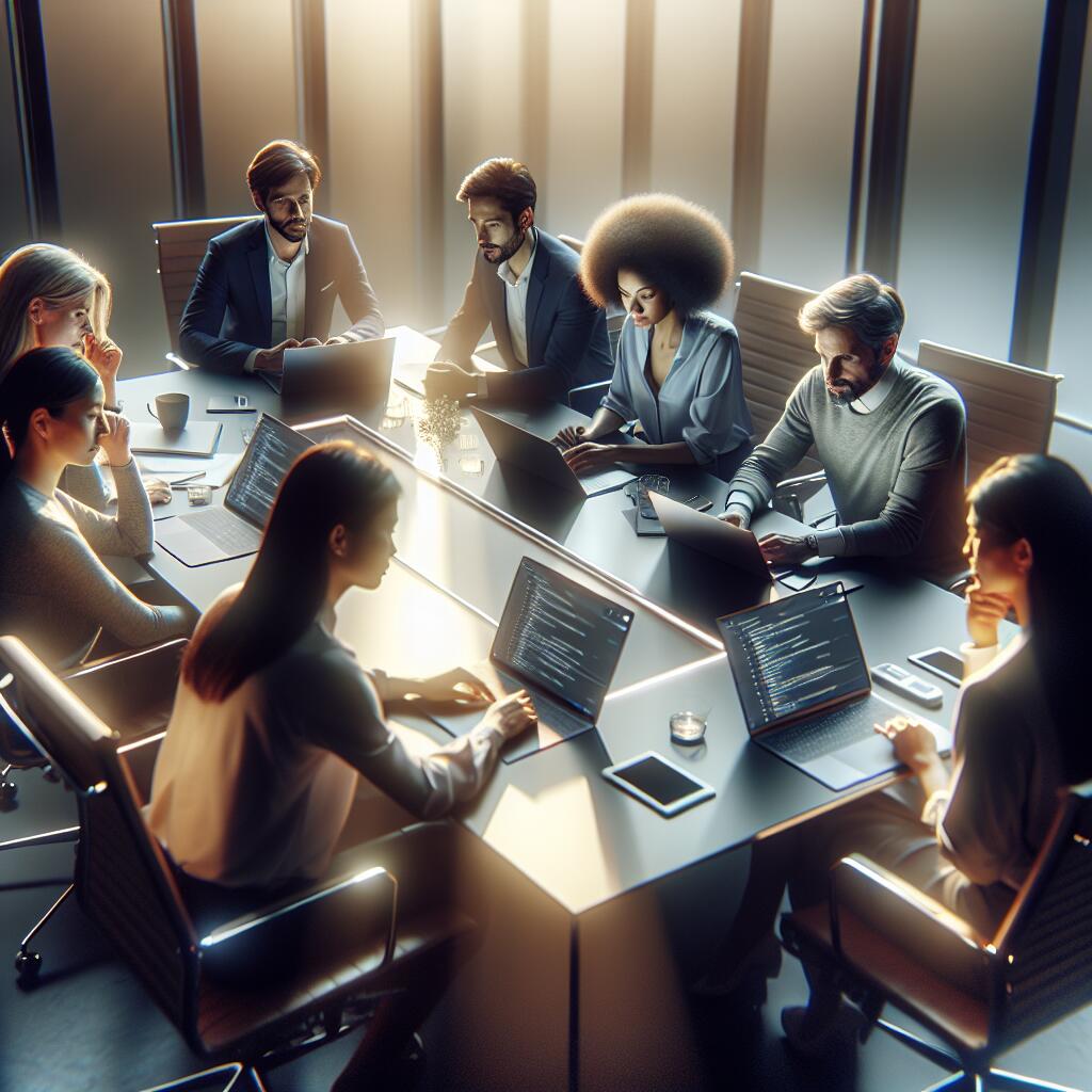 A diverse group of professionals discussing ChatGPT features at a conference table, showcasing effective communication.