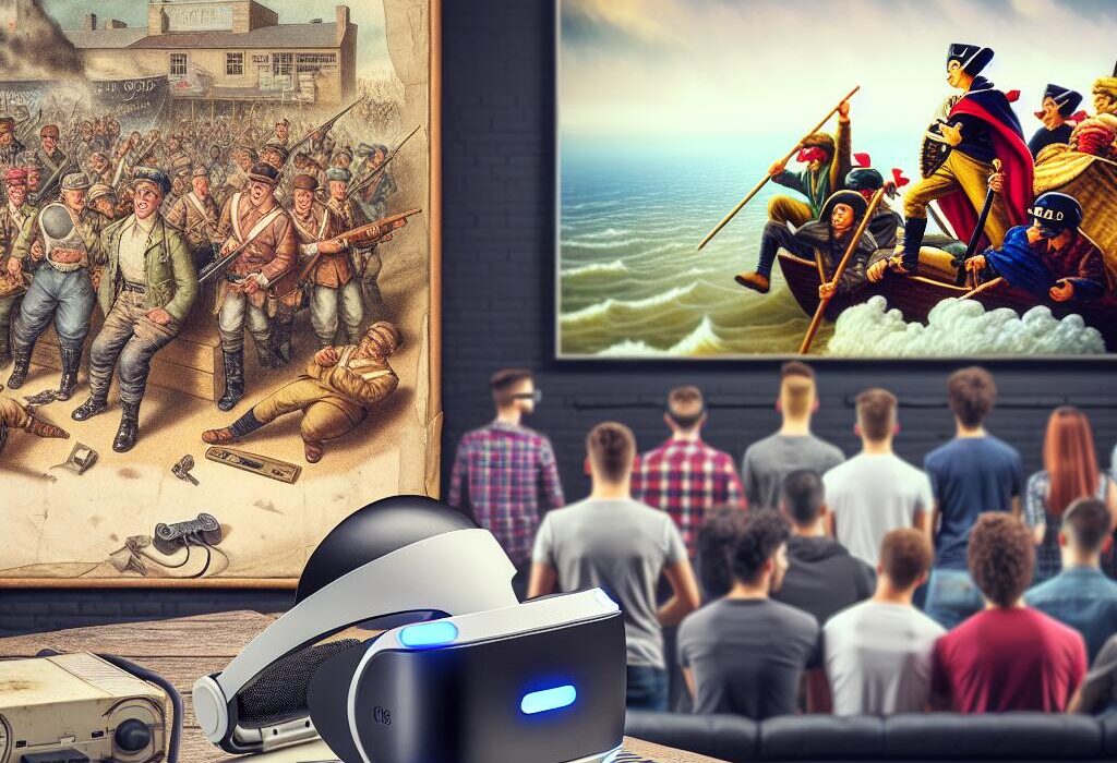 A PlayStation console with 'Gears of War' game and VR headset in a vibrant gaming cafe