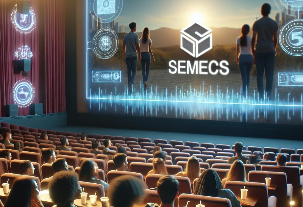 Audience in a cinema watching a movie with Google's logo integrated into the film, illustrating Google's strategy to merge technology with entertainment.