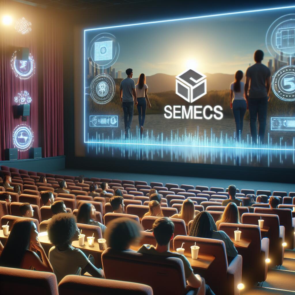 Audience in a cinema watching a movie with Google's logo integrated into the film, illustrating Google's strategy to merge technology with entertainment.