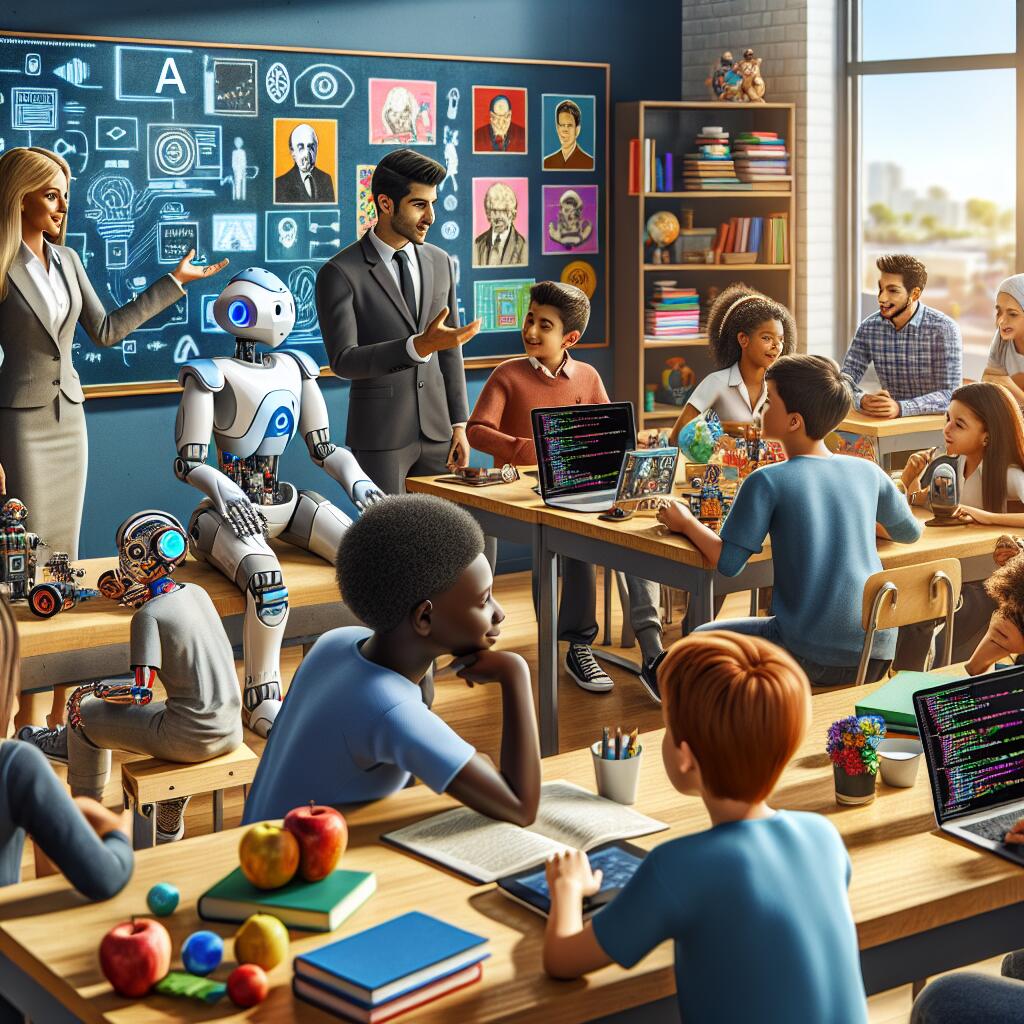 A lively classroom setting with diverse students learning about AI, featuring a CEO discussing education strategies with a teacher.