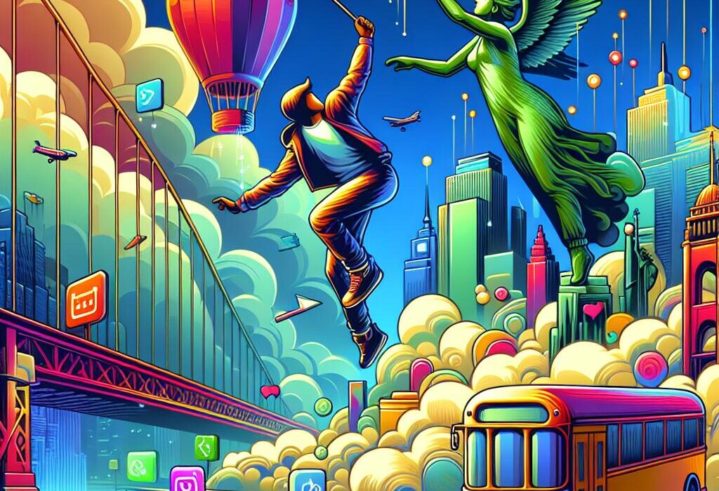 Fortnite character jumping in a colorful urban landscape with US landmarks, celebrating its comeback to the App Store.