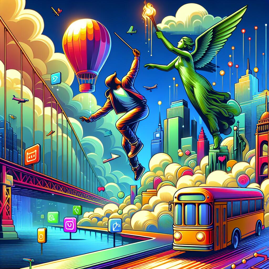 Fortnite character jumping in a colorful urban landscape with US landmarks, celebrating its comeback to the App Store.