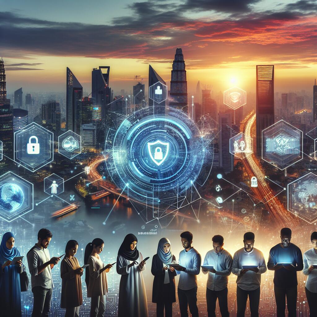 Futuristic city with Visa's 'Intelligent Commerce' display, people making secure transactions