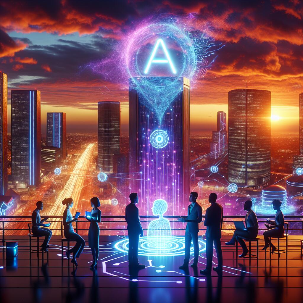 Futuristic city skyline with OpenAI building and diverse individuals collaborating on AI governance
