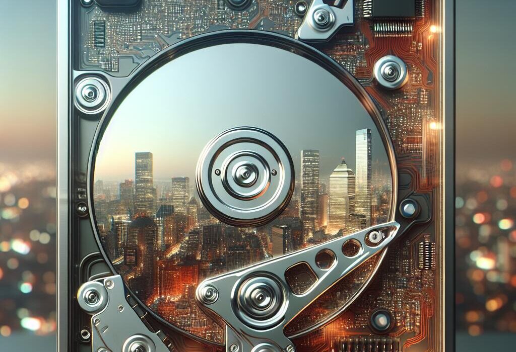 Close-up of a modern hard drive with a transparent window, exposing its internal components, set against a blurred Buffalo, NY cityscape.