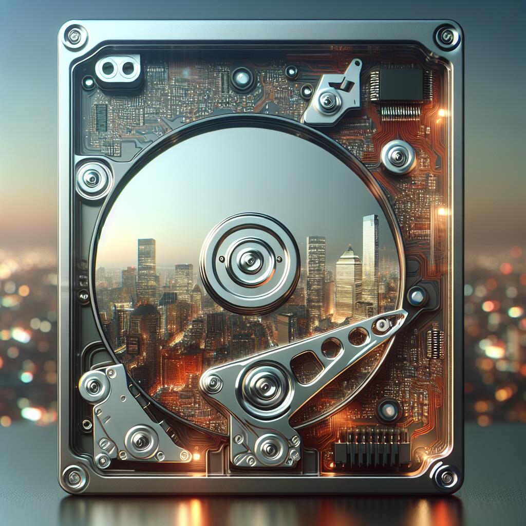 Close-up of a modern hard drive with a transparent window, exposing its internal components, set against a blurred Buffalo, NY cityscape.
