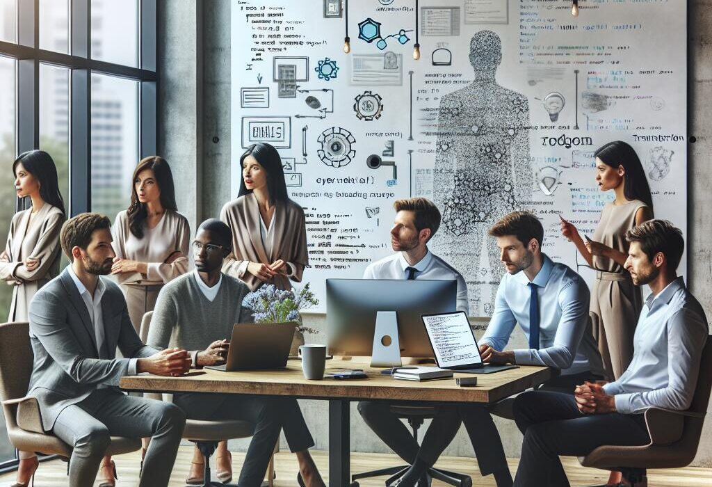 Diverse team collaborating on an open source transcription AI model in a modern office