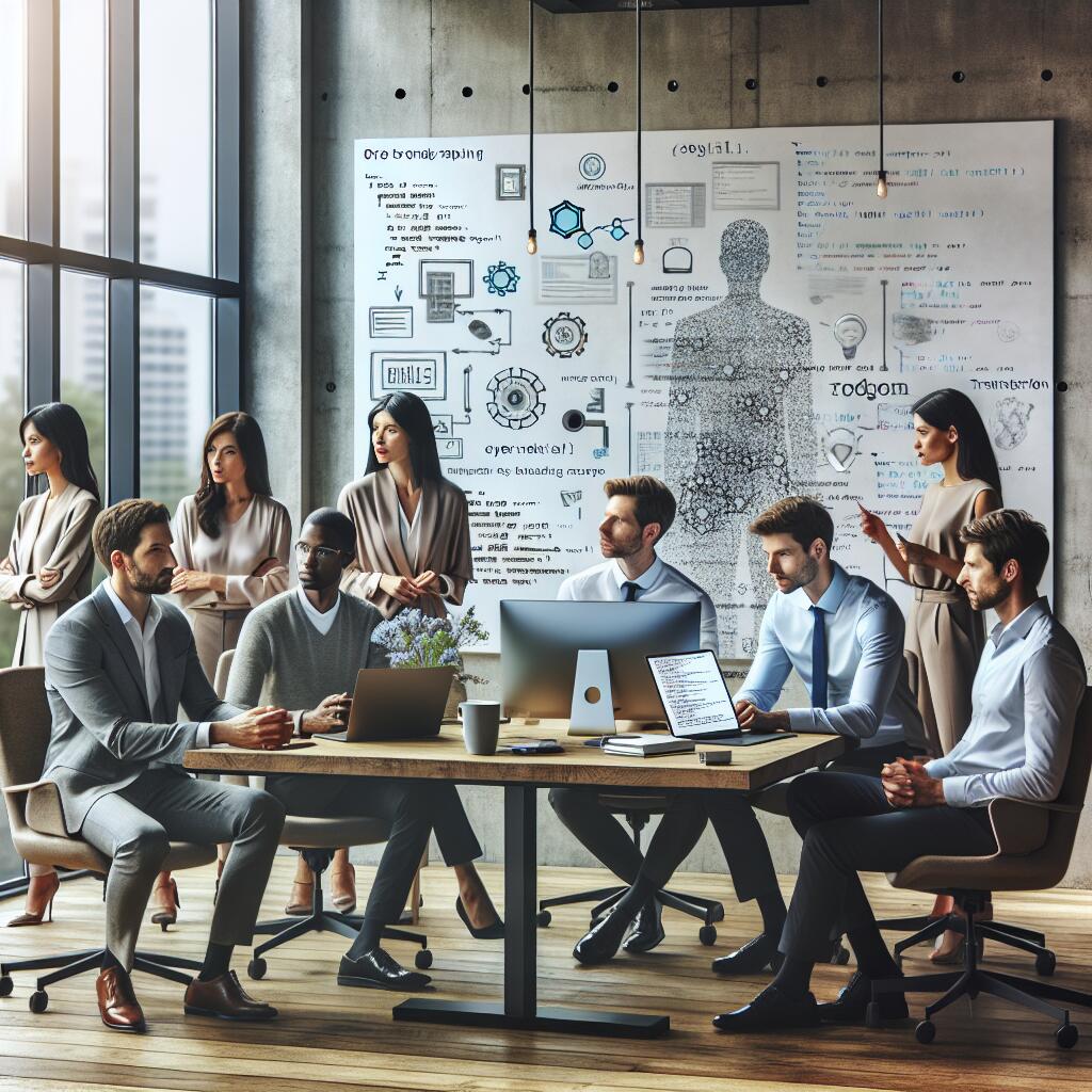Diverse team collaborating on an open source transcription AI model in a modern office