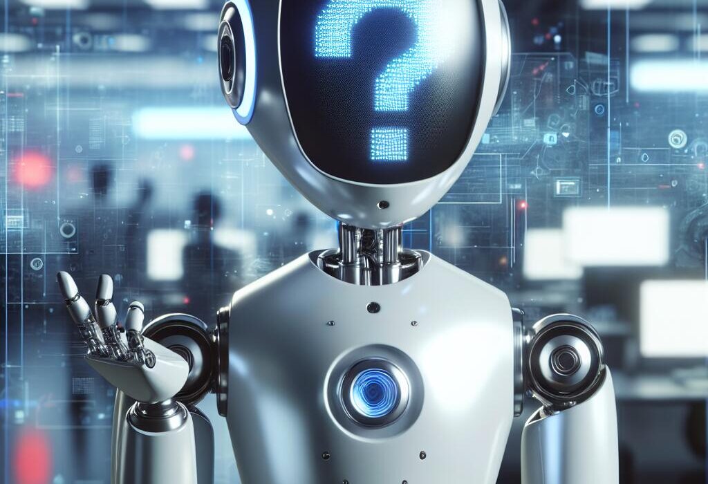 A modern robot with the ChatGPT logo displaying a perplexed expression in an office setting, reflecting AI's self-awareness and apology.