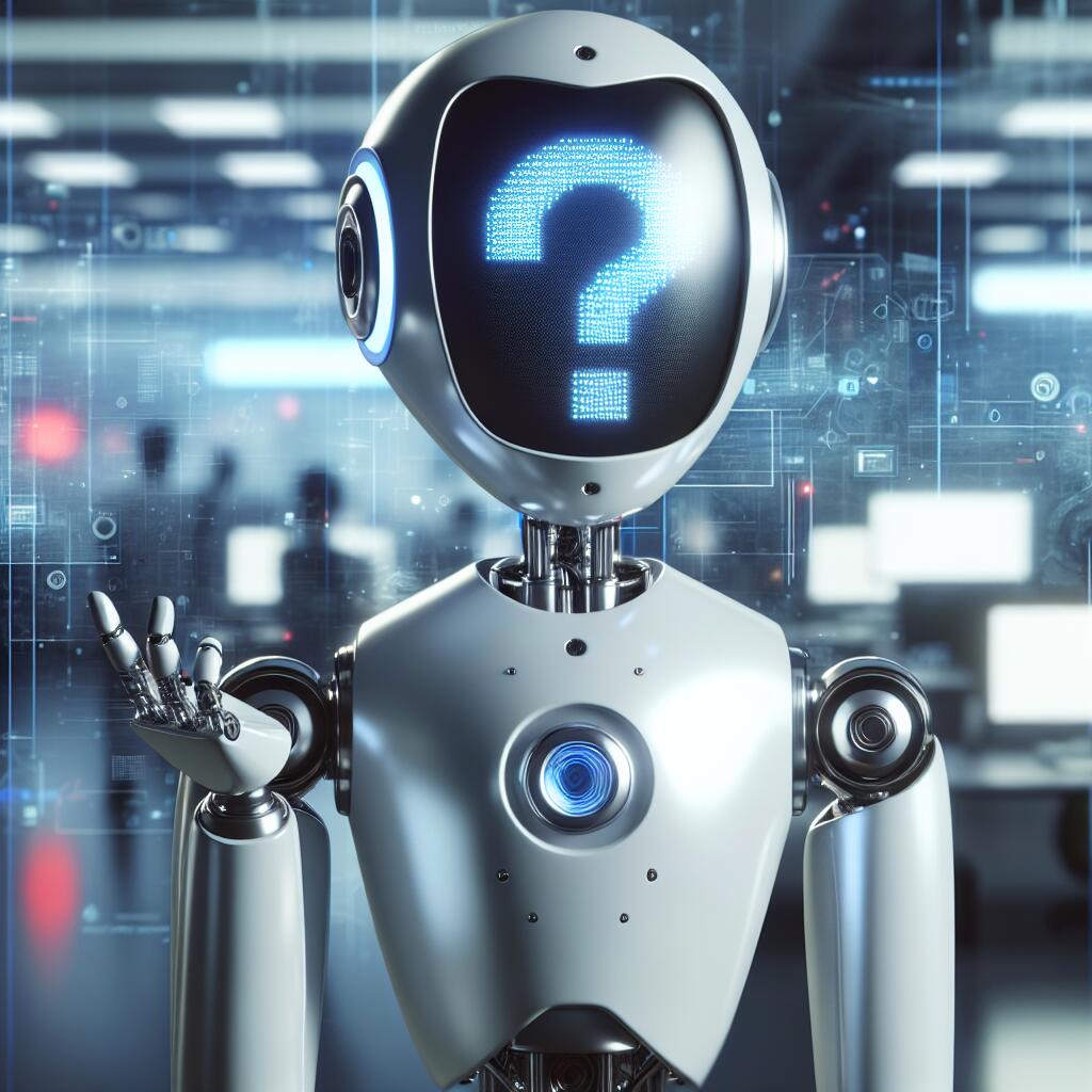 A modern robot with the ChatGPT logo displaying a perplexed expression in an office setting, reflecting AI's self-awareness and apology.
