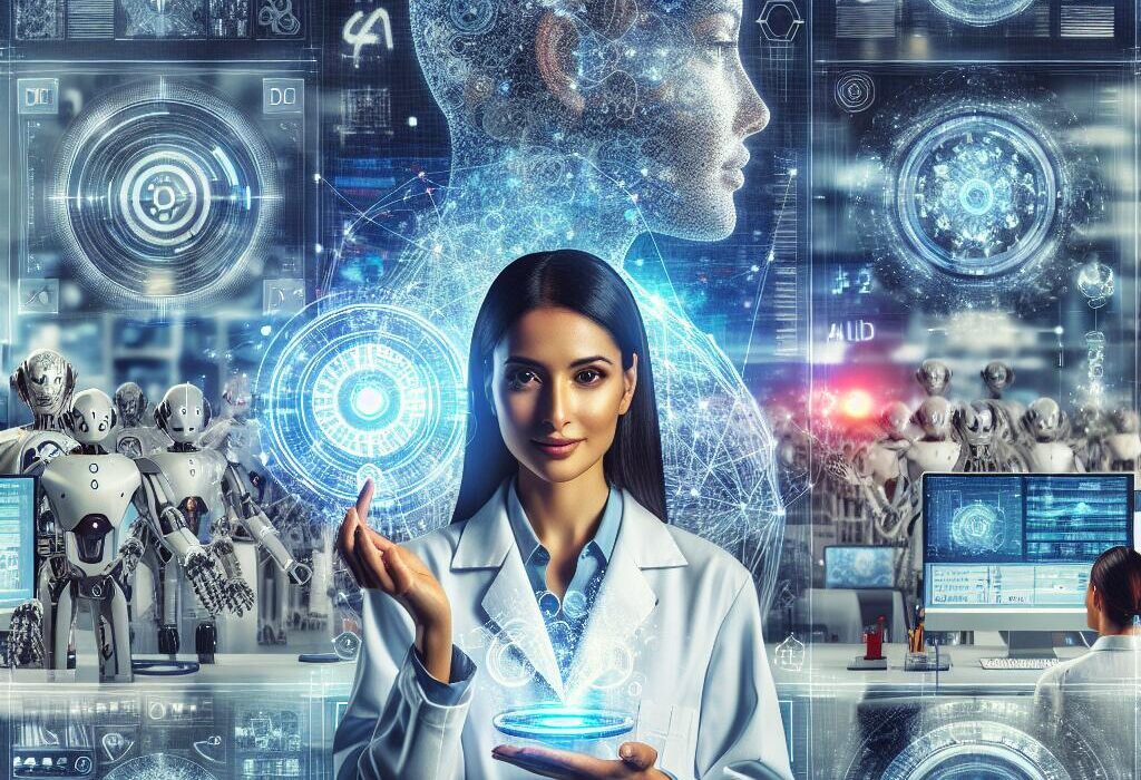 A digital collage depicting a researcher in a futuristic AI lab exploring Mistral AI and OpenAI's technologies.