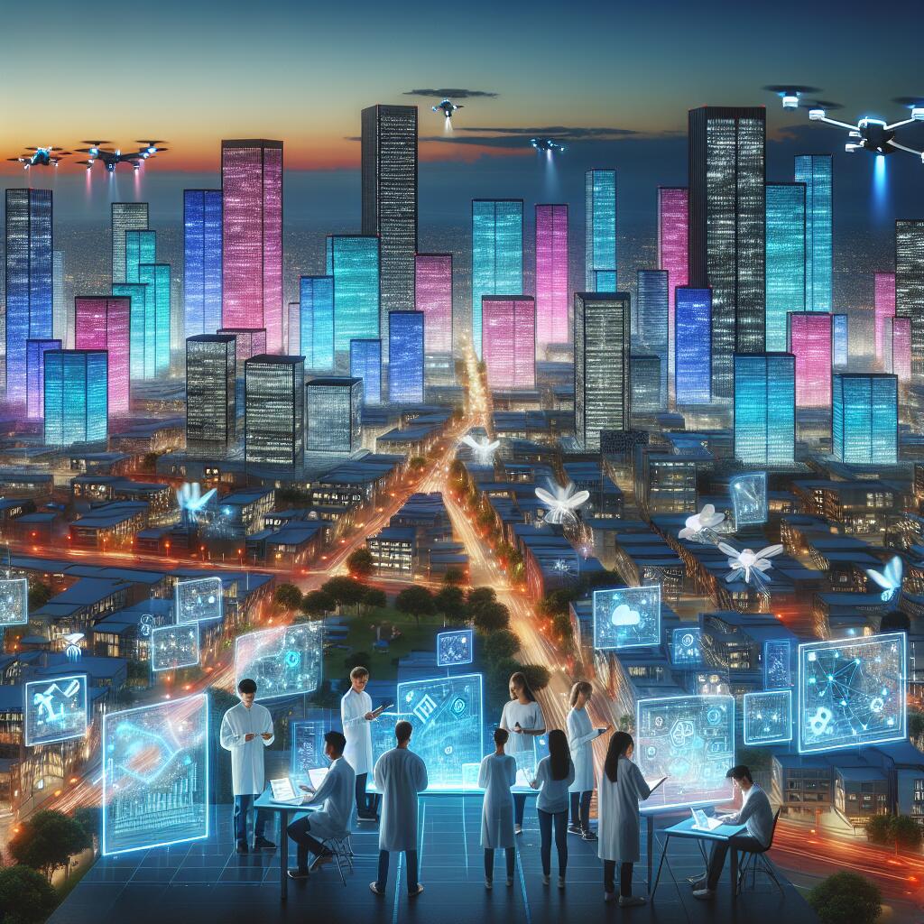 Engineers collaborating on edge computing data in a high-tech urban setting with drones and digital tablets.