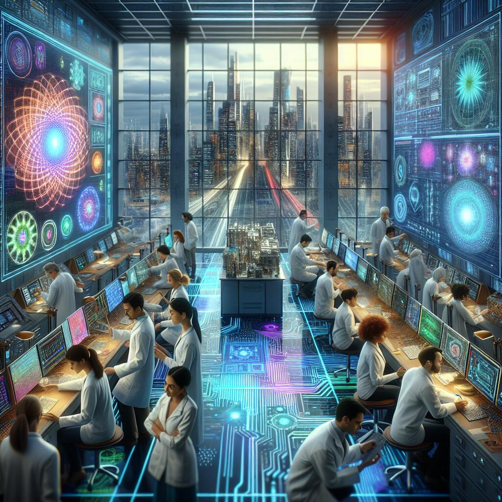A diverse team of scientists collaborating in a high-tech lab, working on quantum chip innovations with holographic displays and futuristic city skyline