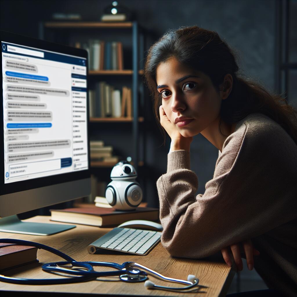 A person looking frustrated at a computer screen with a chatbot, surrounded by medical books and a stethoscope, depicting the limitations of digital health advice.