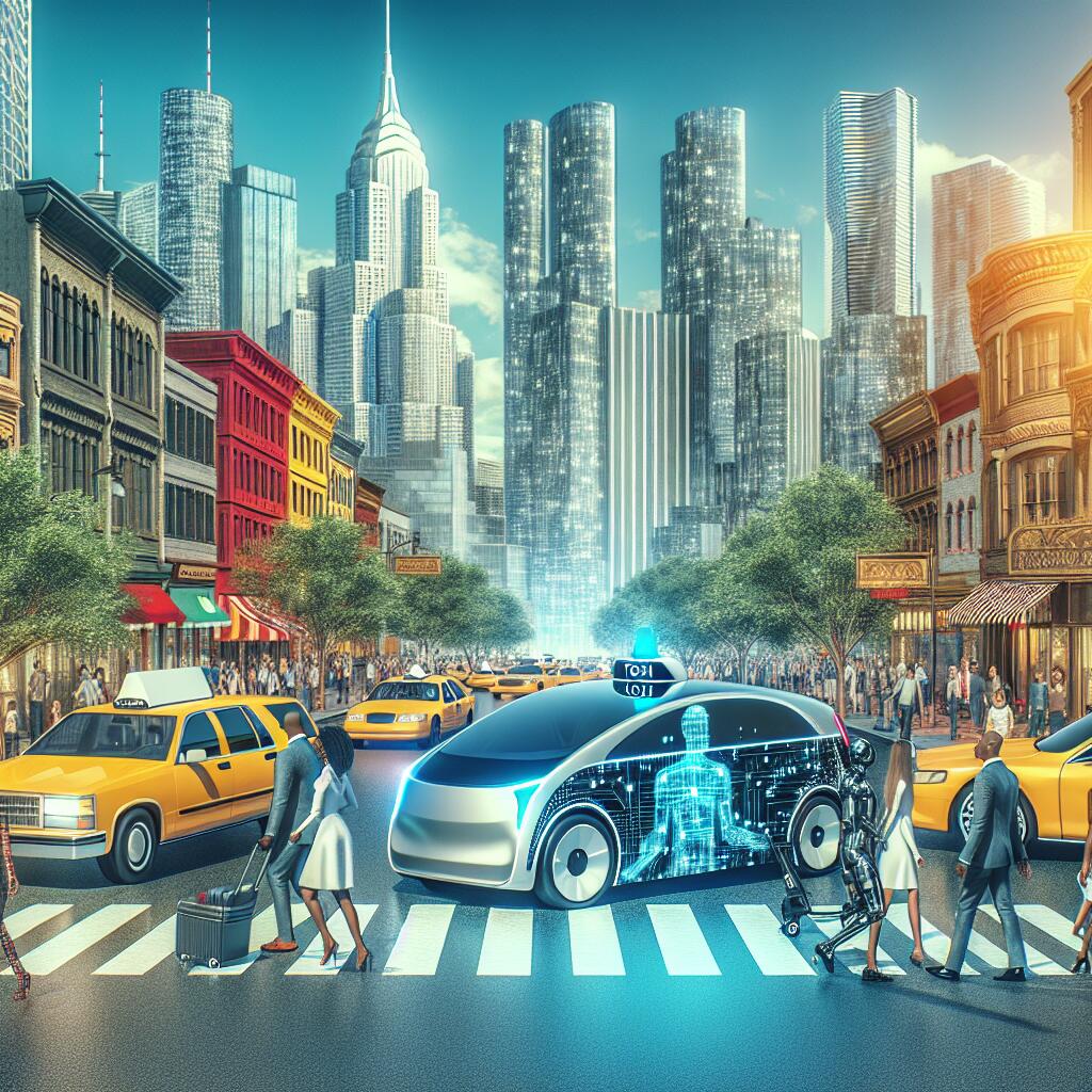Futuristic robotaxi parked in a busy urban environment with traditional taxi and pedestrians, symbolizing the expansion of Uber and WeRide's robotaxi services.