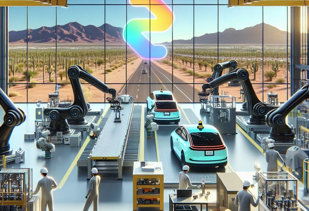 Inside Waymo's new Arizona factory, workers and robotic arms efficiently produce autonomous robotaxis under a clear desert sky.