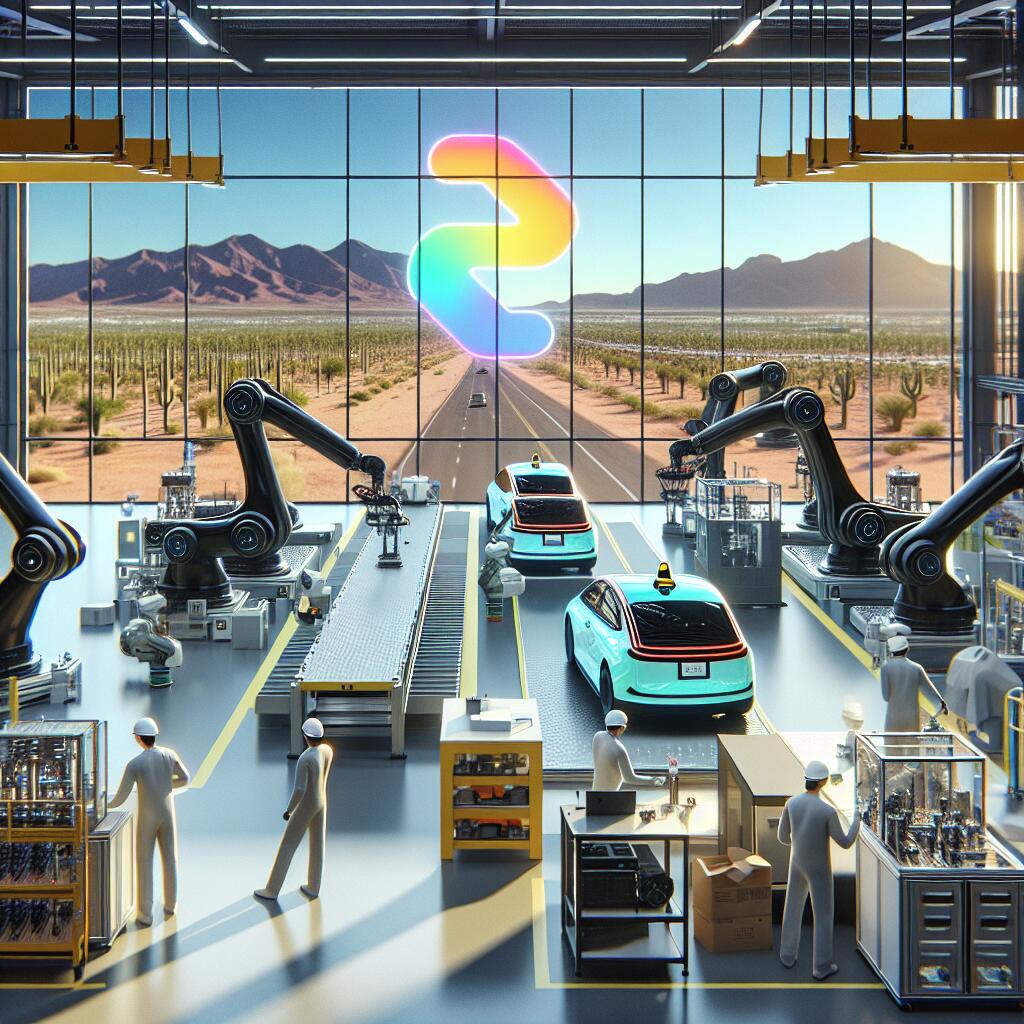 Inside Waymo's new Arizona factory, workers and robotic arms efficiently produce autonomous robotaxis under a clear desert sky.