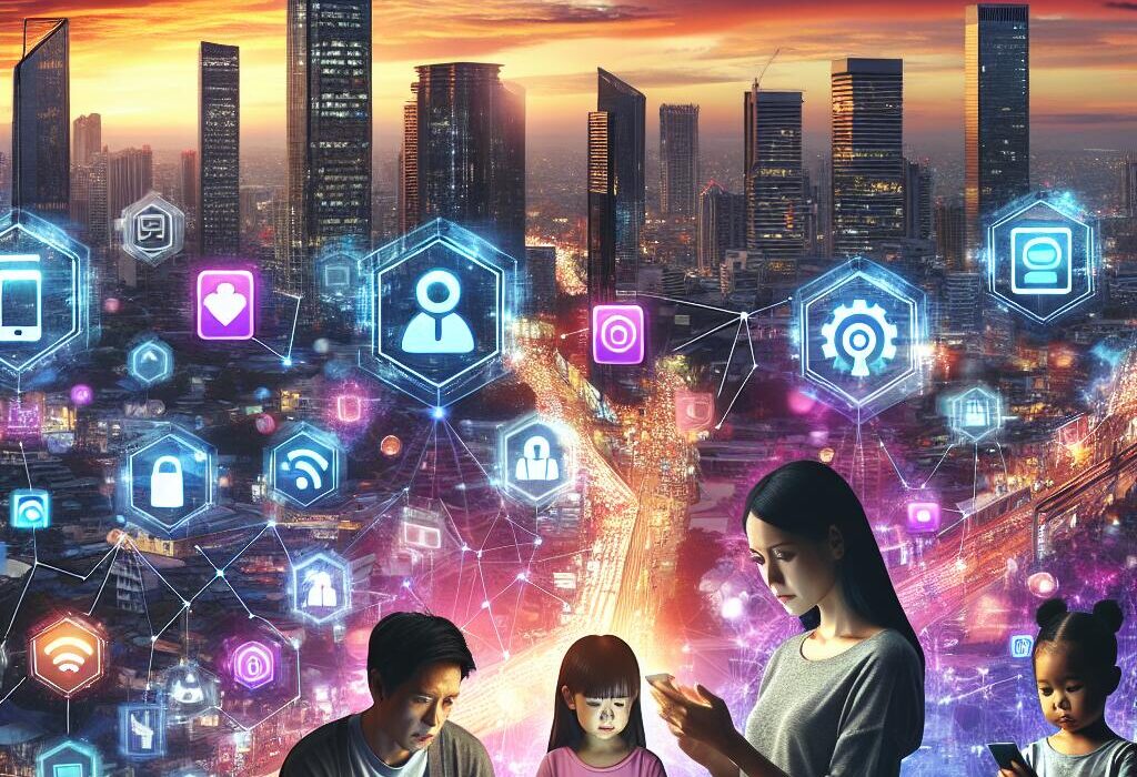 Futuristic city with holographic app icons, representing IBM's vision of a billion apps powered by Gen AI.