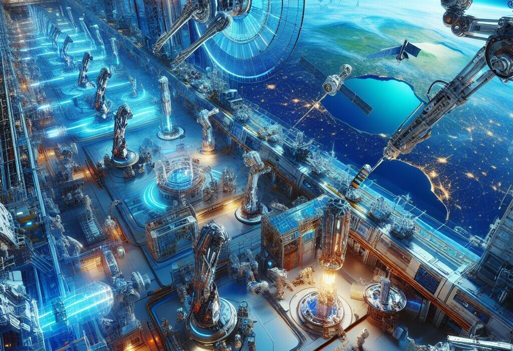 Futuristic space manufacturing facility with robotic arms in orbit around Earth