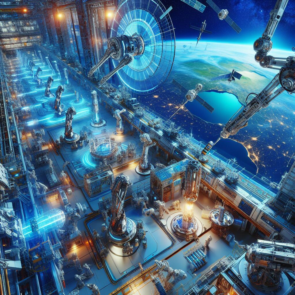 Futuristic space manufacturing facility with robotic arms in orbit around Earth