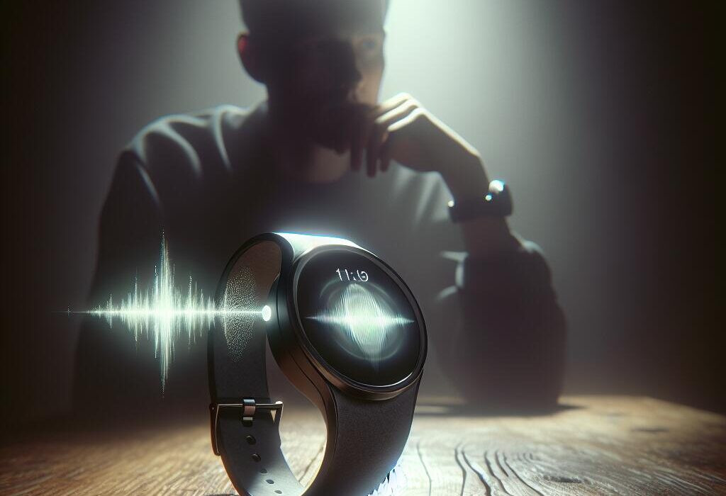 Close-up of an active AI wearable on a table, representing privacy concerns, with a person in the background looking worried.