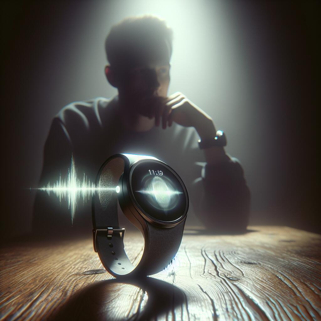 Close-up of an active AI wearable on a table, representing privacy concerns, with a person in the background looking worried.