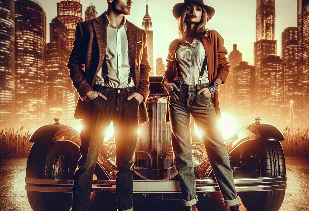 Stylized modern outlaws inspired by Bonnie and Clyde next to a high-performance car in an urban sunset setting