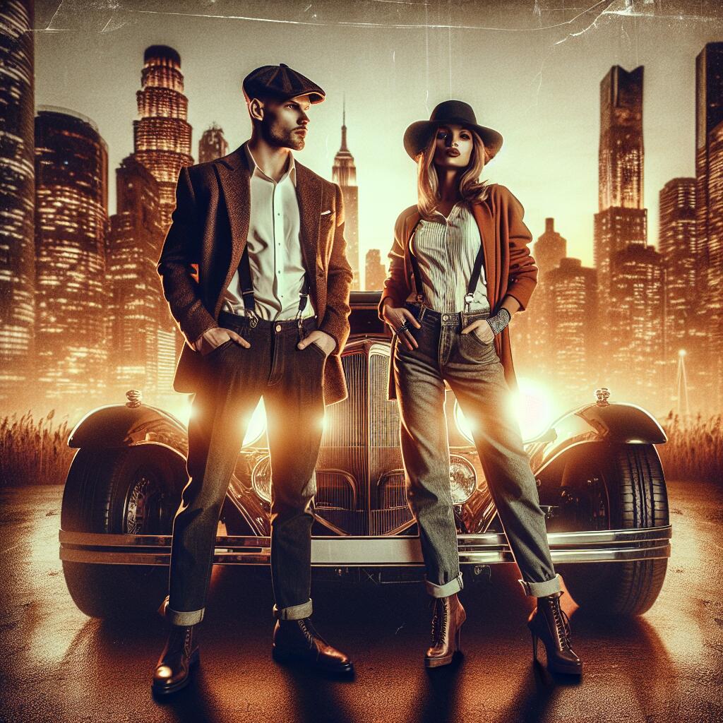 Stylized modern outlaws inspired by Bonnie and Clyde next to a high-performance car in an urban sunset setting