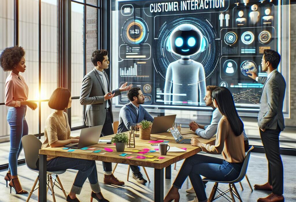 Diverse team collaborating on customer messaging with Korl's AI interface in a modern office